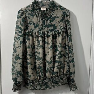 Elegant Green Floral Blouse with Ruffle Details